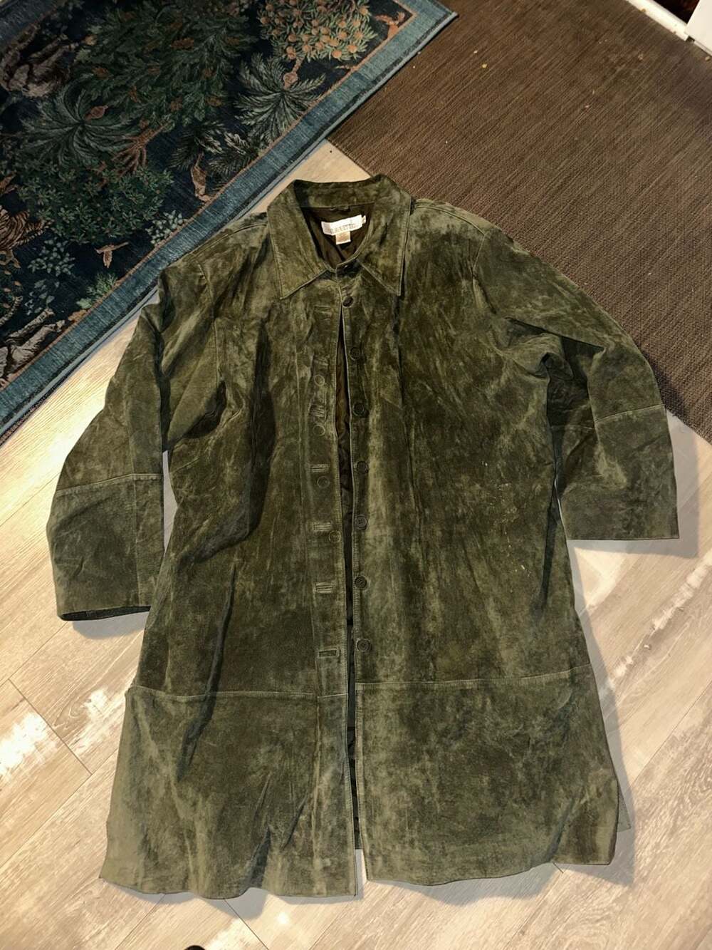 Silhouettes Suede Long Coat Size 2X Green Leather Trench Jacket